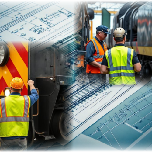Australian rail workers in vests inspecting rollingstock vehicles