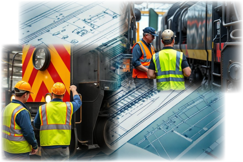 Australian rail workers in vests inspecting rollingstock vehicles